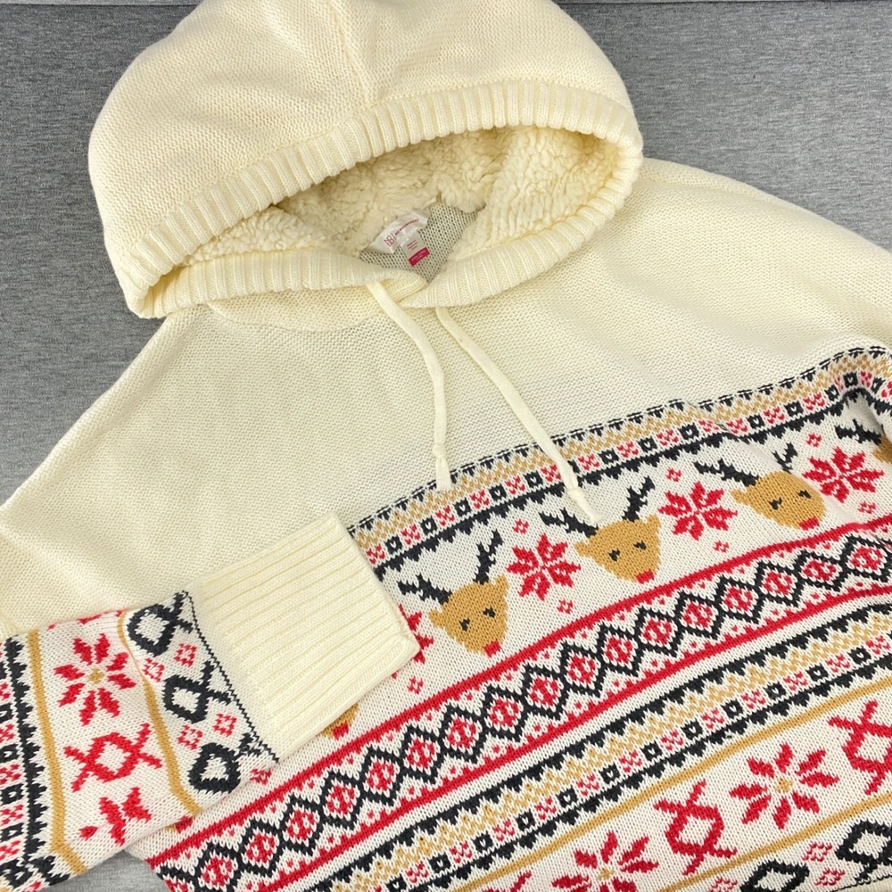 No Boundaries Reindeer Snowflake Fair Isle Knit Hoodie Holiday Womens‎ Cream XXL